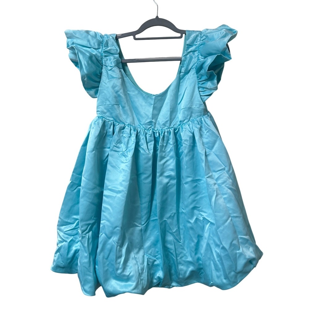Day + Moon Aqua Blue Satin Bubble Hem Ruffle Sleeve Mini Dress A1685 Medium